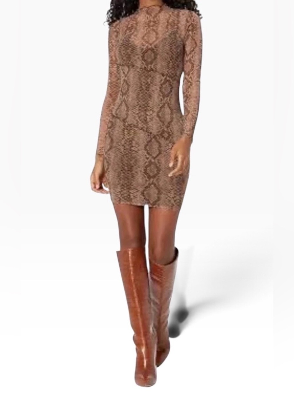Guess Brown Snake Print Mesh Mock Neck Ruffle Long Sleeve Bodycon Mini Dress XS
